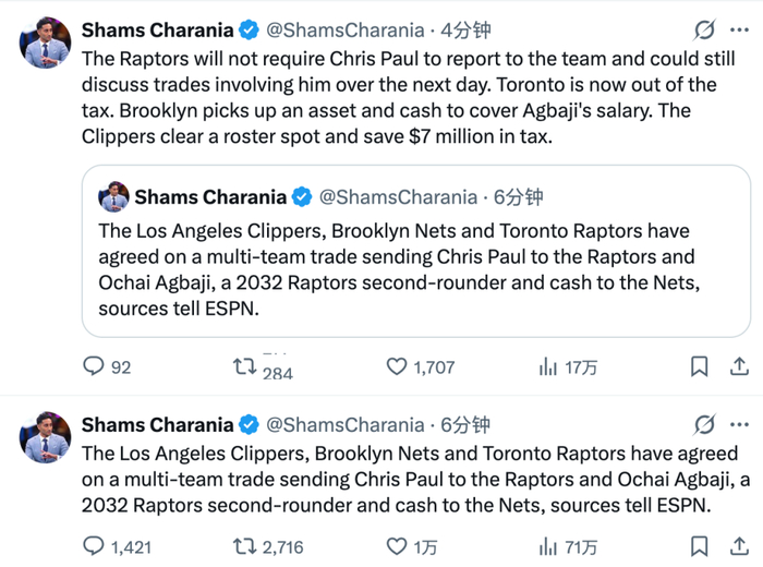 开云入口-快船篮网猛龙交易！保罗被送到多伦多 不会报到+预计被裁掉或易主|克里斯·保罗|奢侈税|Shams|多伦多猛龙队|洛杉矶快船队_新浪体育_新浪新闻